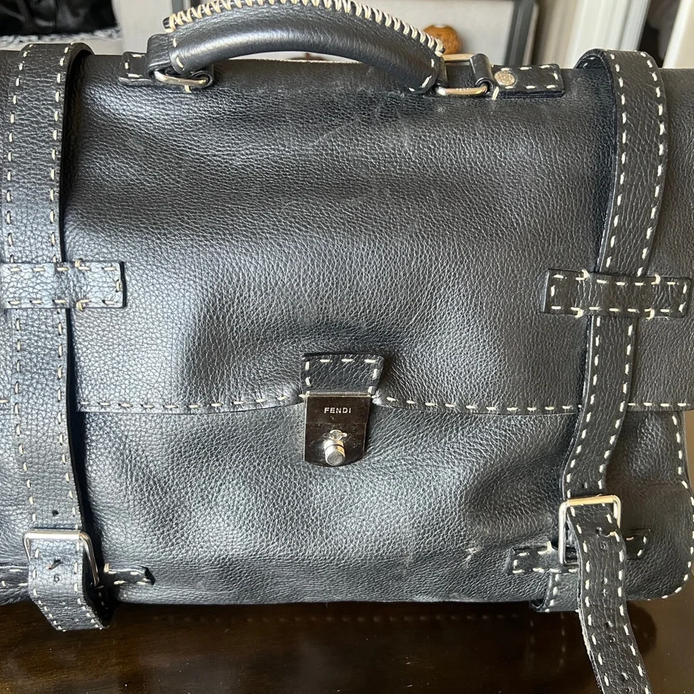 FENDI Black Leather Briefcase with Stitch Detail - Picture 12 of 13